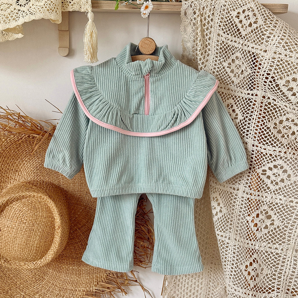 Green corduroy baby girl pants set