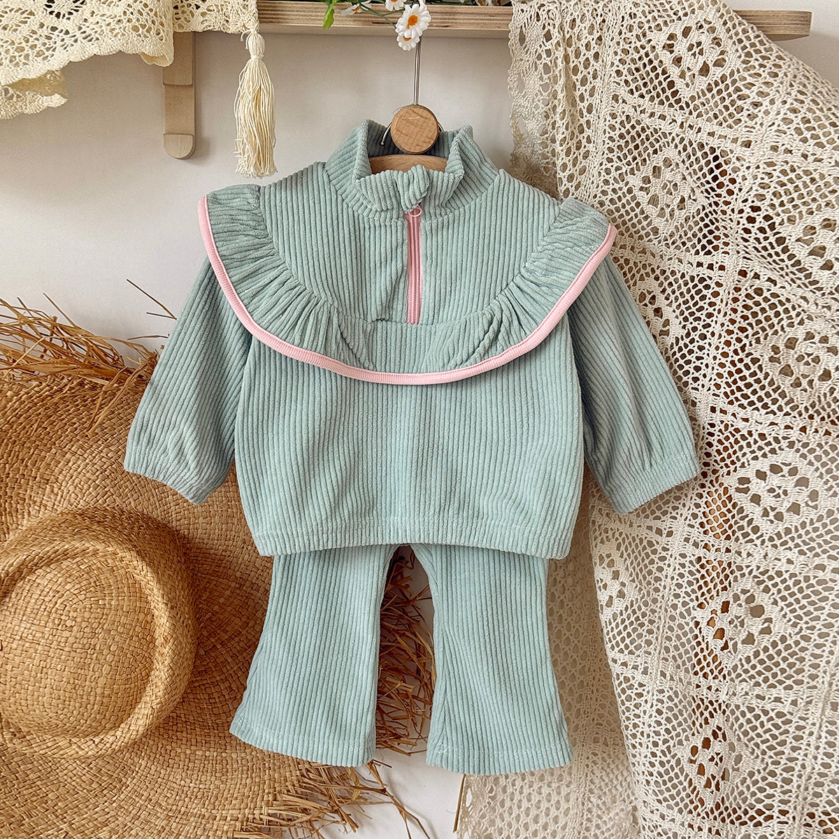 Green corduroy baby girl pants set