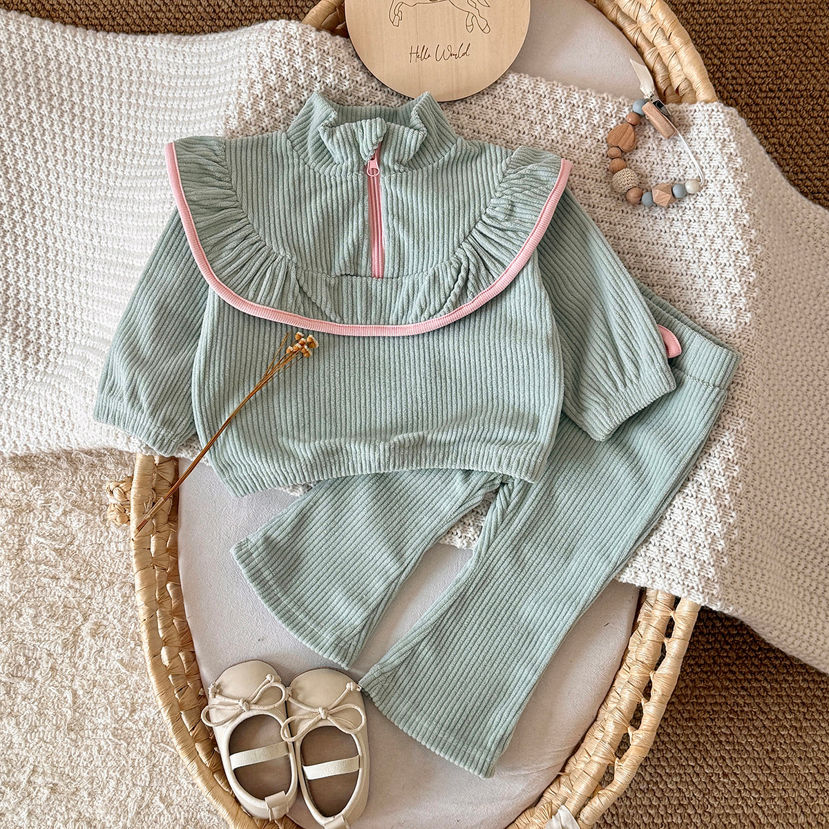 Green corduroy baby girl pants set