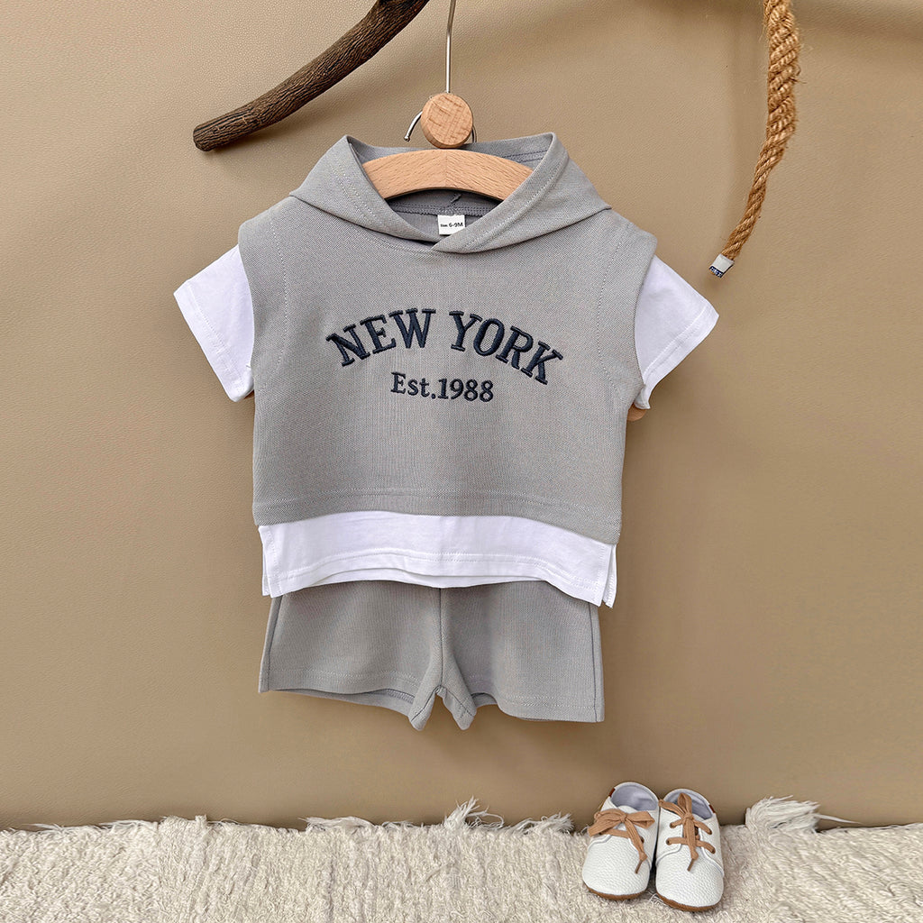 Baby New York Embroidered Fake Two-Piece Hooded Short Set