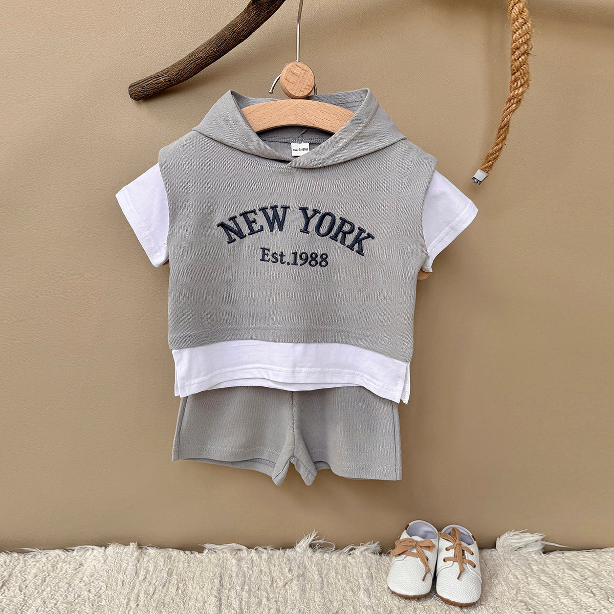 Baby New York Embroidered Fake Two-Piece Hooded Short Set