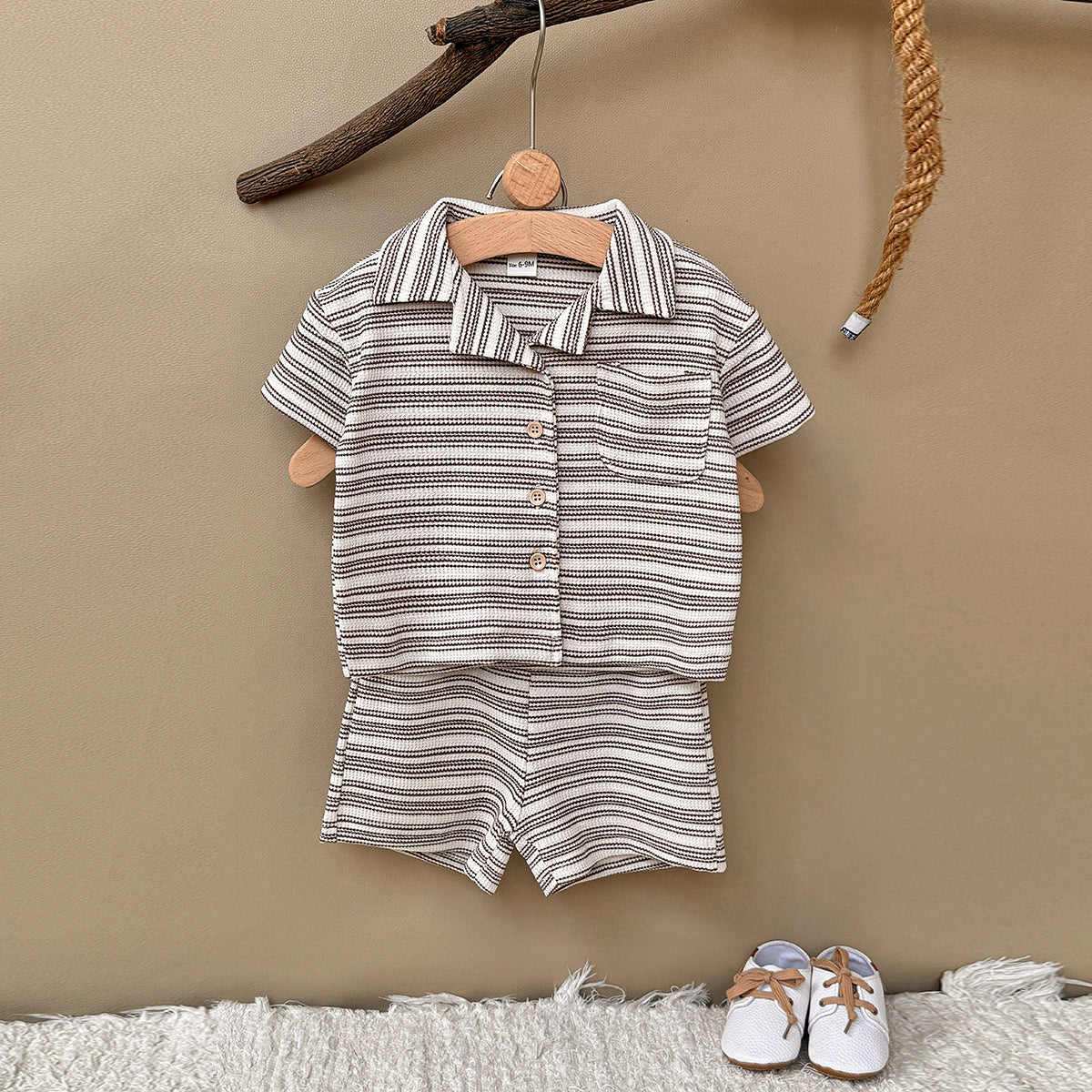 Baby Waffle Striped Button Shirt & Shorts 2Pcs Set