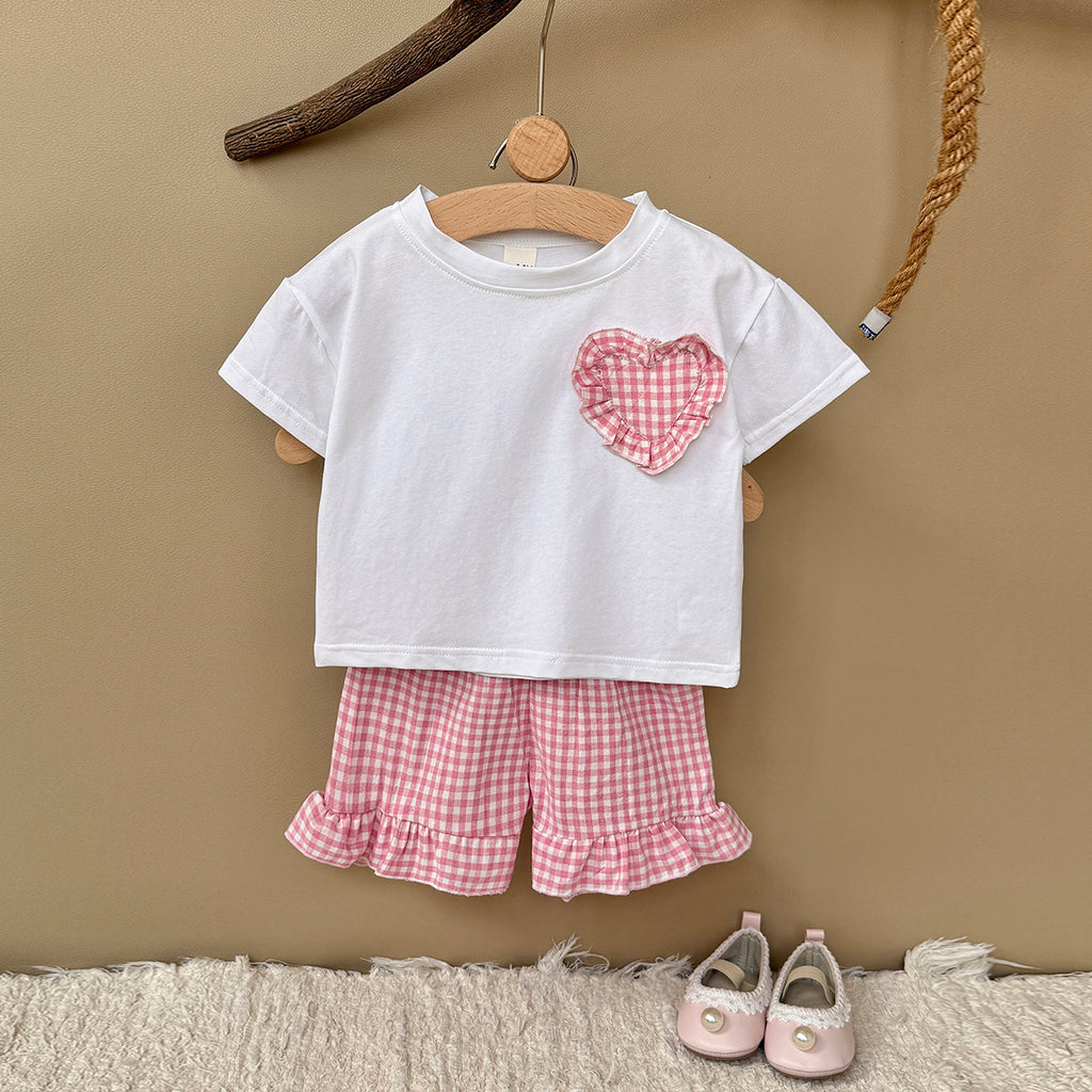 Baby Girl Plaid Heart Patch Tee & Ruffle Shorts Summer Outfit Set