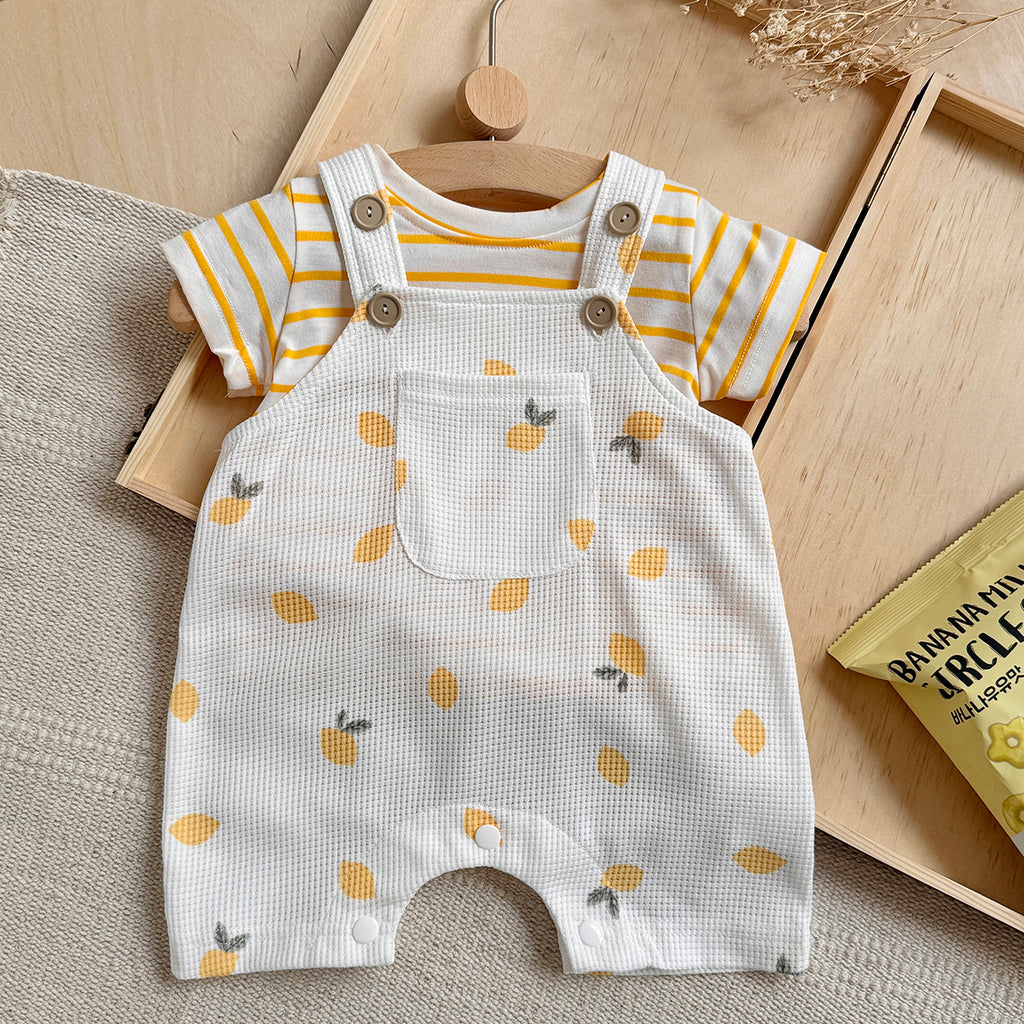 Summer Baby Set Lemon Waffle Overalls & Striped Short Sleeve Tee