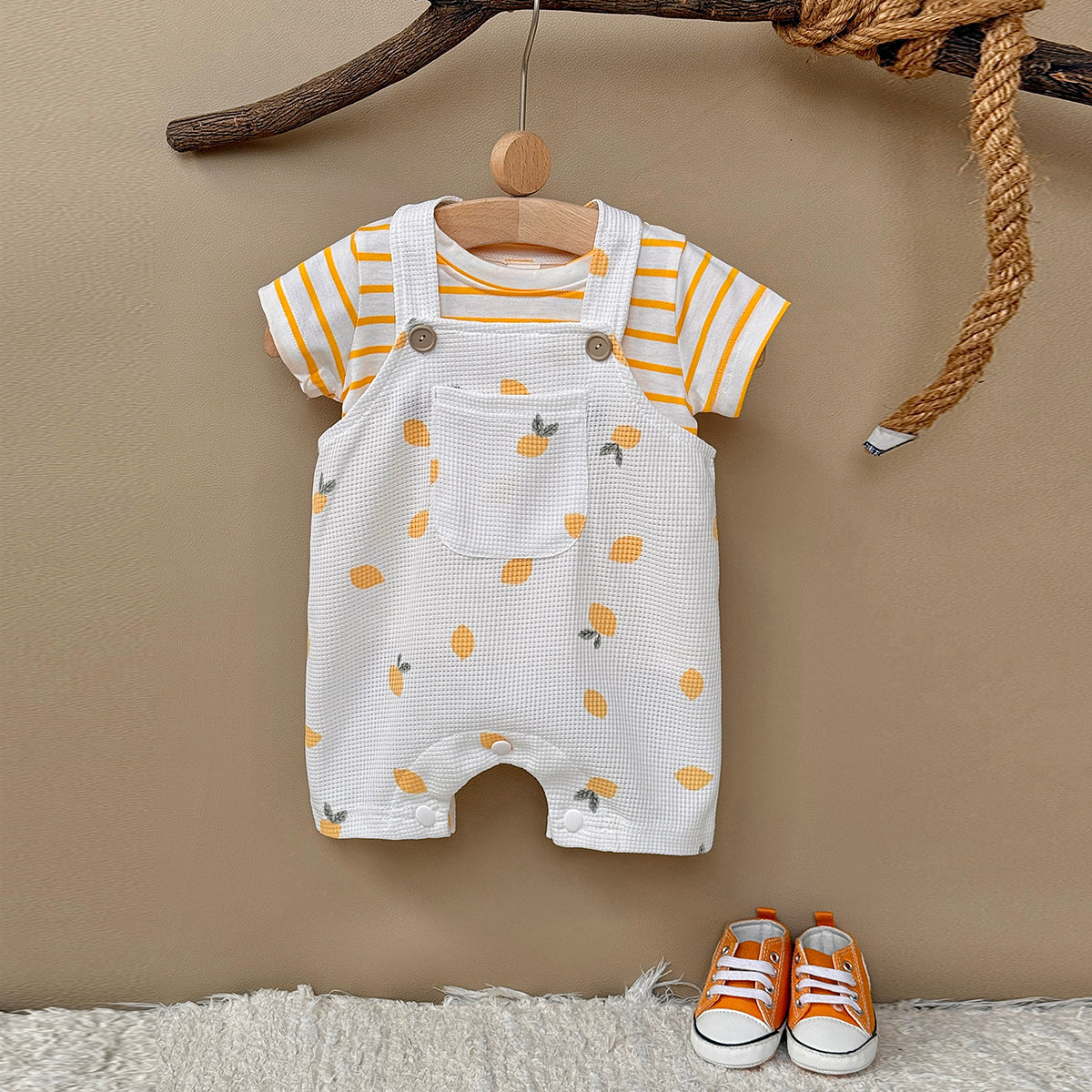Summer Baby Set Lemon Waffle Overalls & Striped Short Sleeve Tee