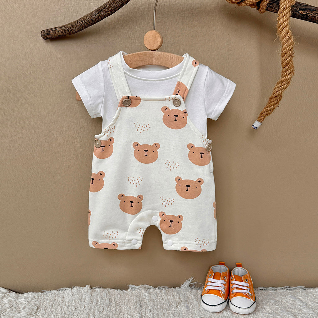 Baby Bear Print Short Overalls & White Tee Set  >