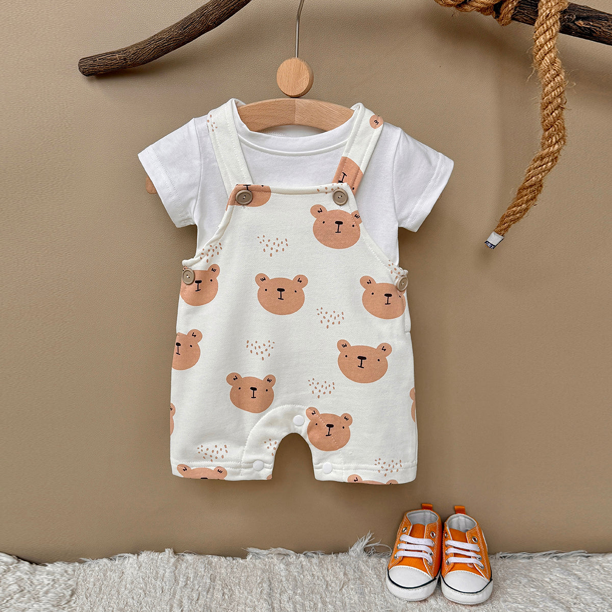 Baby Bear Print Short Overalls & White Tee Set  >