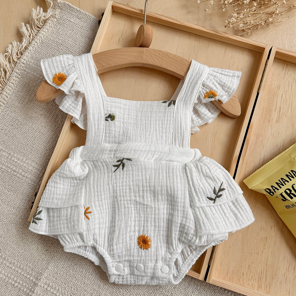 Baby Girl Daisy Embroidered Muslin Ruffle Romper