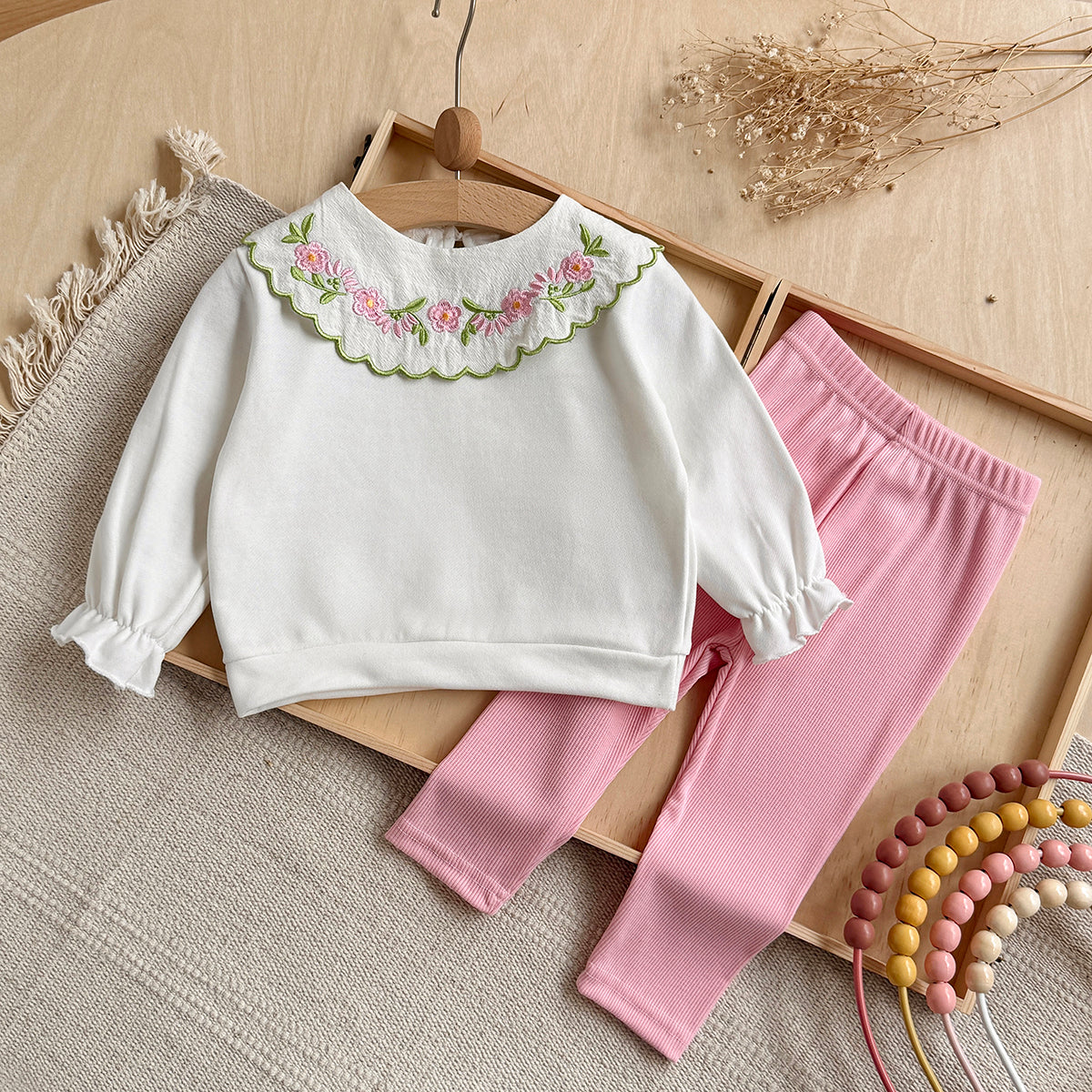 Baby girl white flower embroidered collar pants set