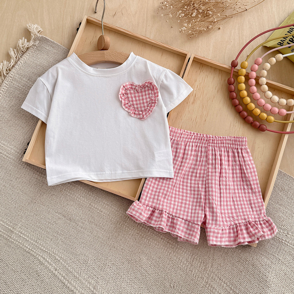Baby Girl Plaid Heart Patch Tee & Ruffle Shorts Summer Outfit Set