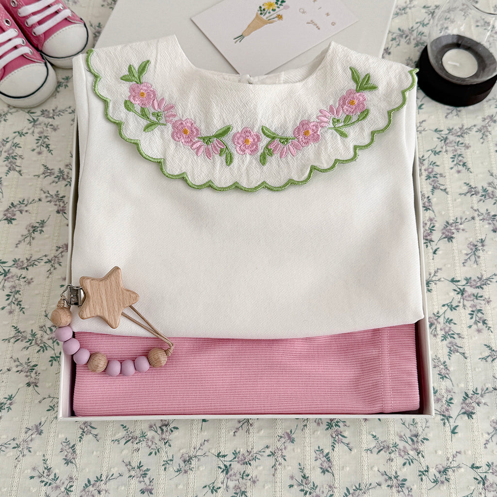 Baby girl white flower embroidered collar pants set