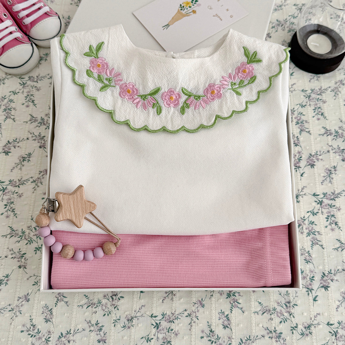 Baby girl white flower embroidered collar pants set