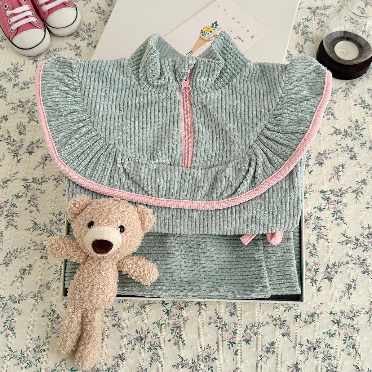 Green corduroy baby girl pants set
