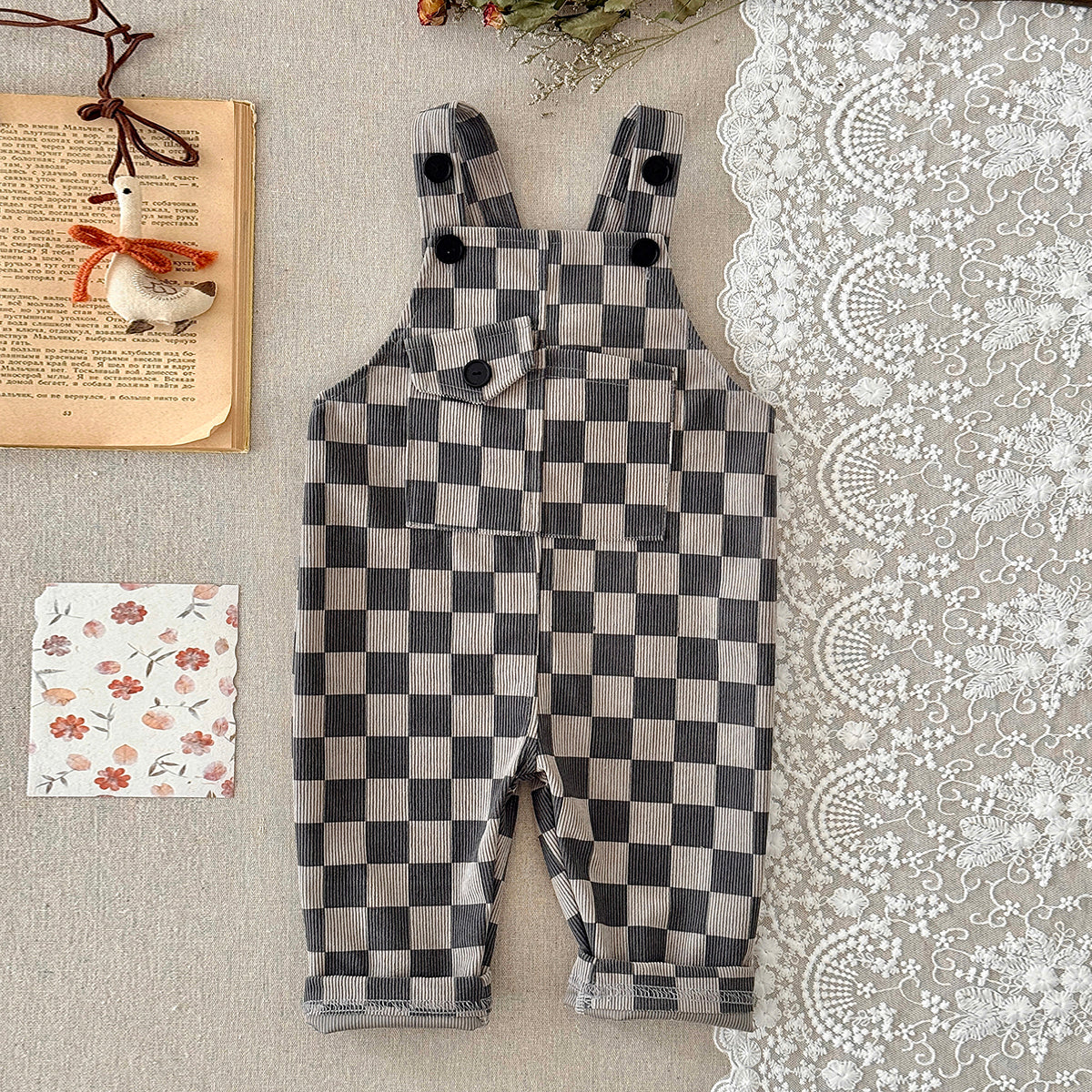 Baby Checkerboard Corduroy Overalls With Front Pocket
