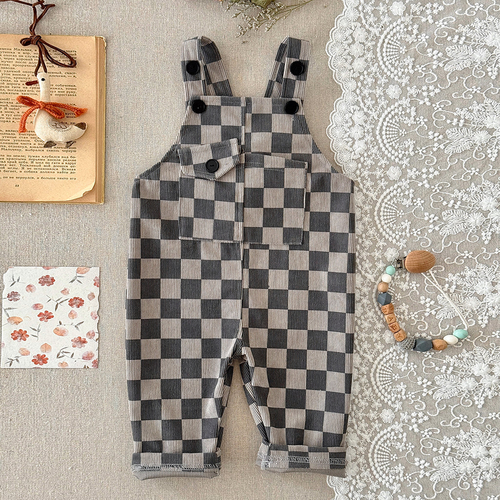 Baby Checkerboard Corduroy Overalls With Front Pocket