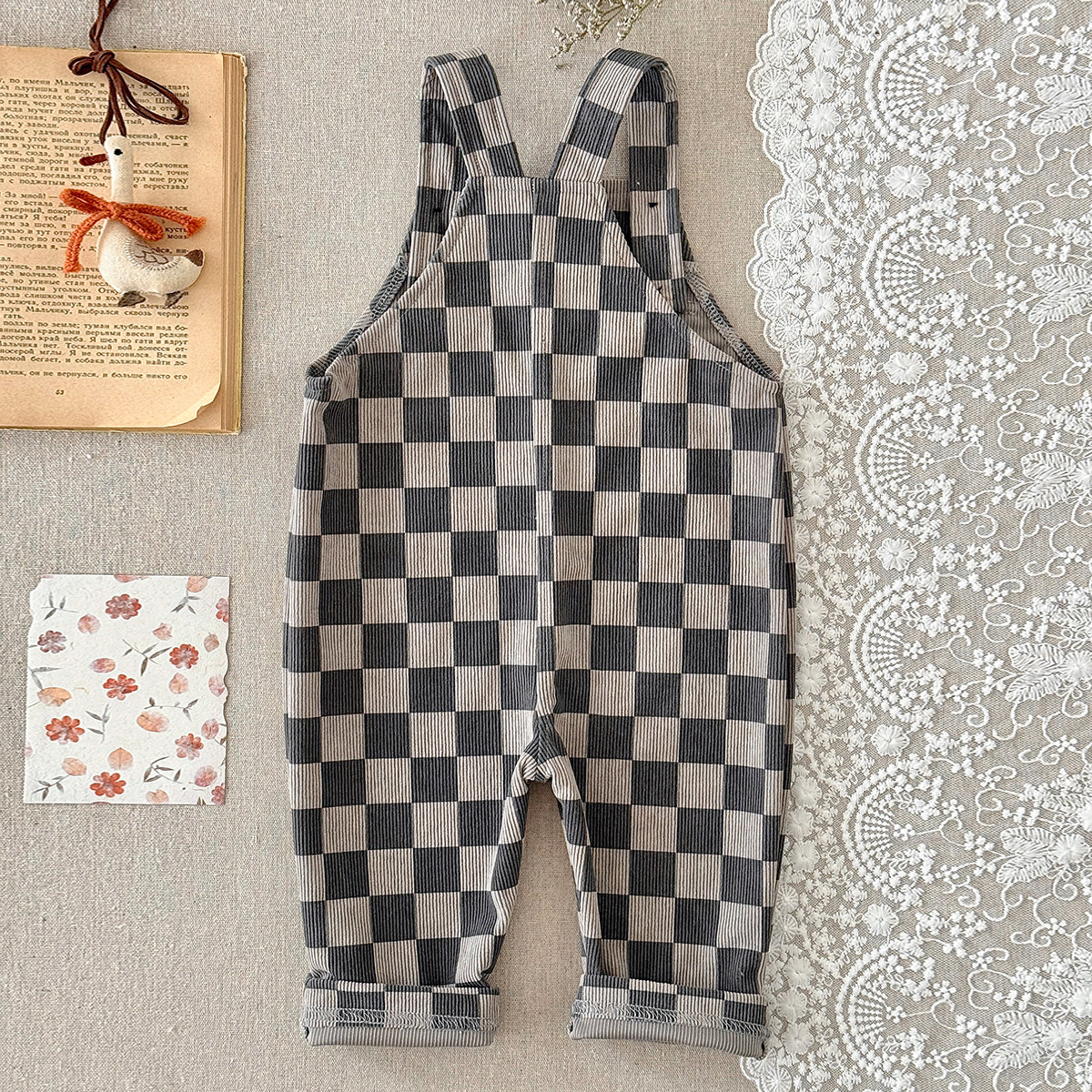 Baby Checkerboard Corduroy Overalls With Front Pocket