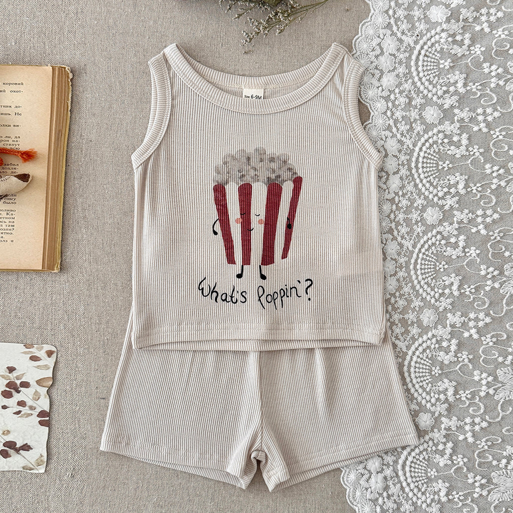 Baby Ribbed Tank Top & Shorts Set, Popcorn Print Outfit