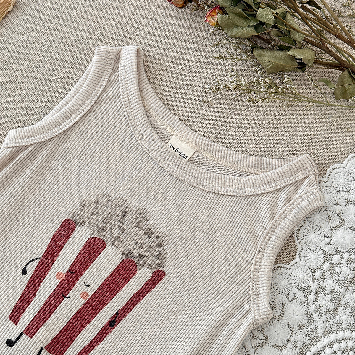 Baby Ribbed Tank Top & Shorts Set, Popcorn Print Outfit