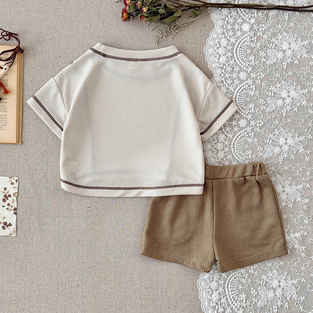 Baby Waffle Knit Contrast Stitch Short Sleeve Tee & Shorts Set