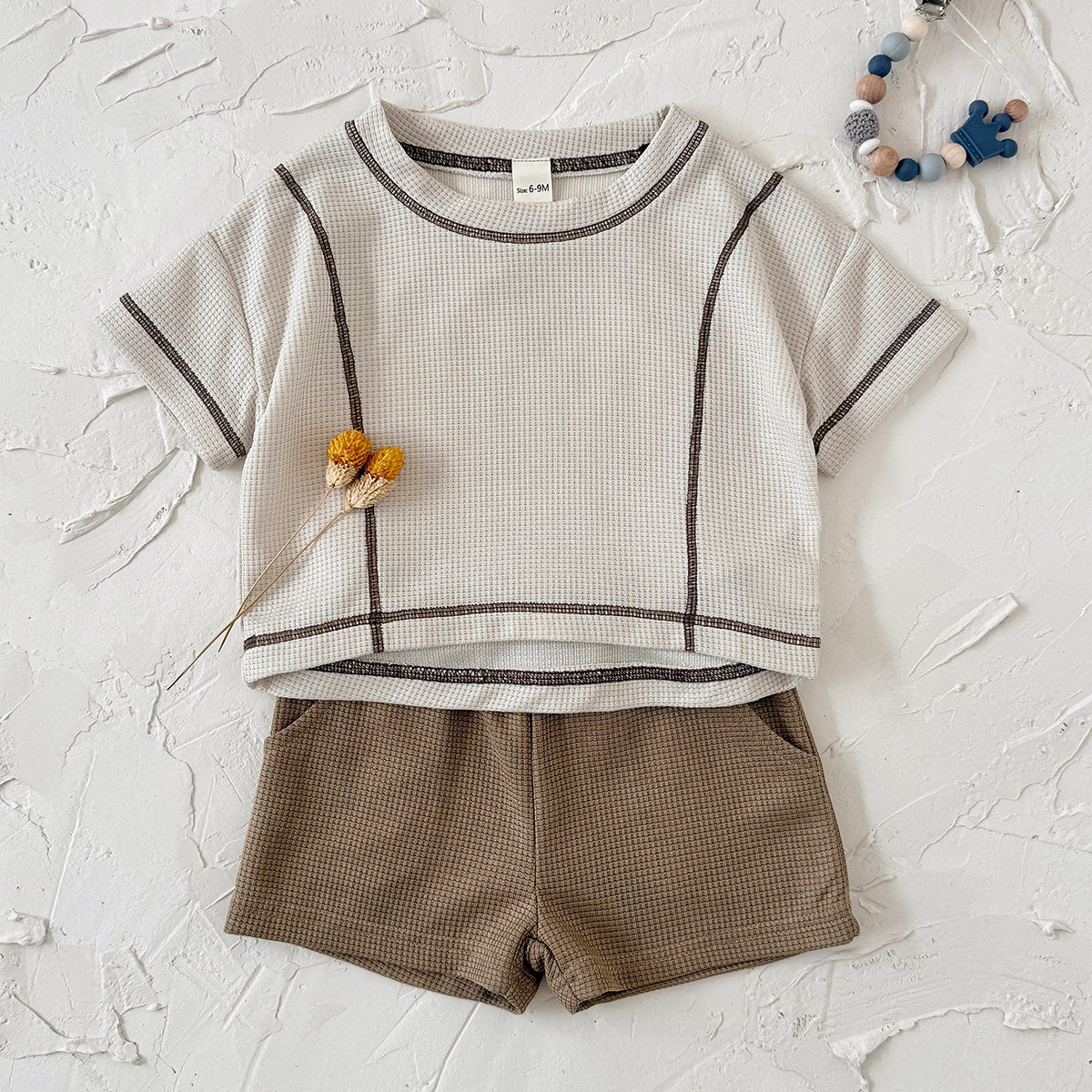 Baby Waffle Knit Contrast Stitch Short Sleeve Tee & Shorts Set