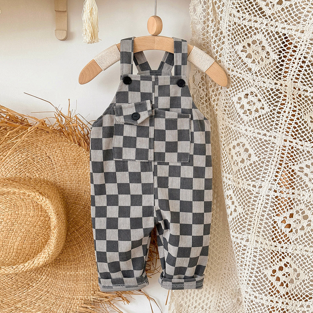 Baby Checkerboard Corduroy Overalls With Front Pocket