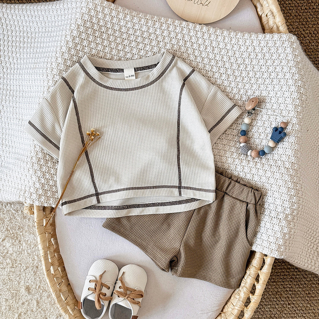 Baby Waffle Knit Contrast Stitch Short Sleeve Tee & Shorts Set