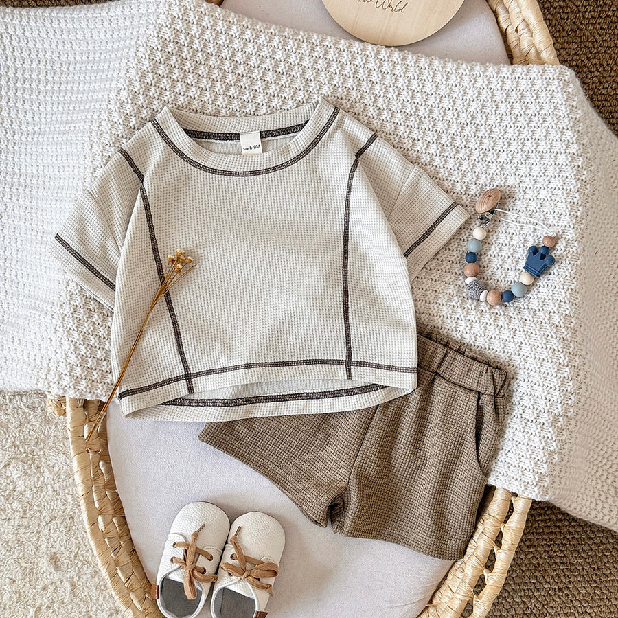 Baby Waffle Knit Contrast Stitch Short Sleeve Tee & Shorts Set
