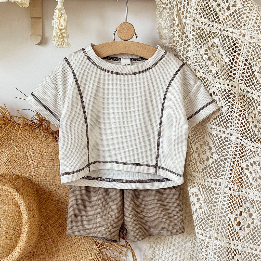 Baby Waffle Knit Contrast Stitch Short Sleeve Tee & Shorts Set