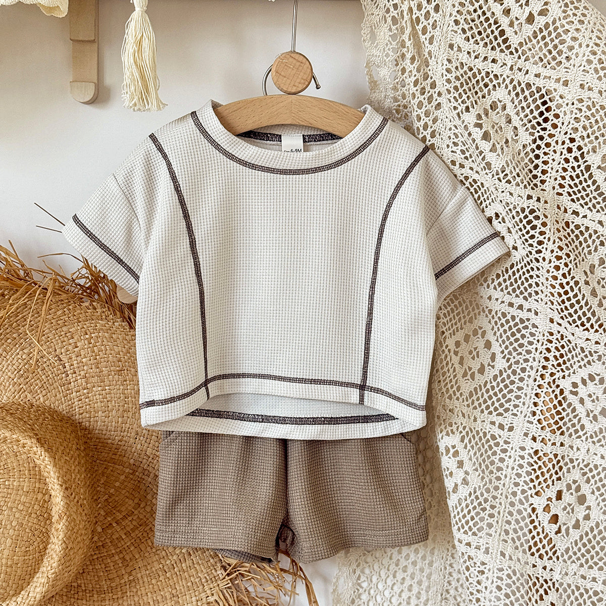 Baby Waffle Knit Contrast Stitch Short Sleeve Tee & Shorts Set