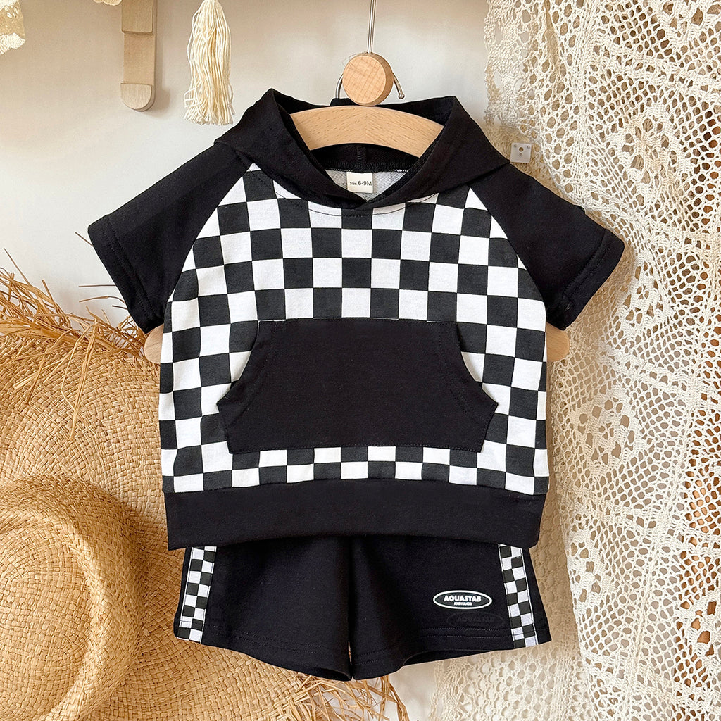 Baby Checkerboard Short Sleeve Hoodie & Shorts 2 Piece Outfit