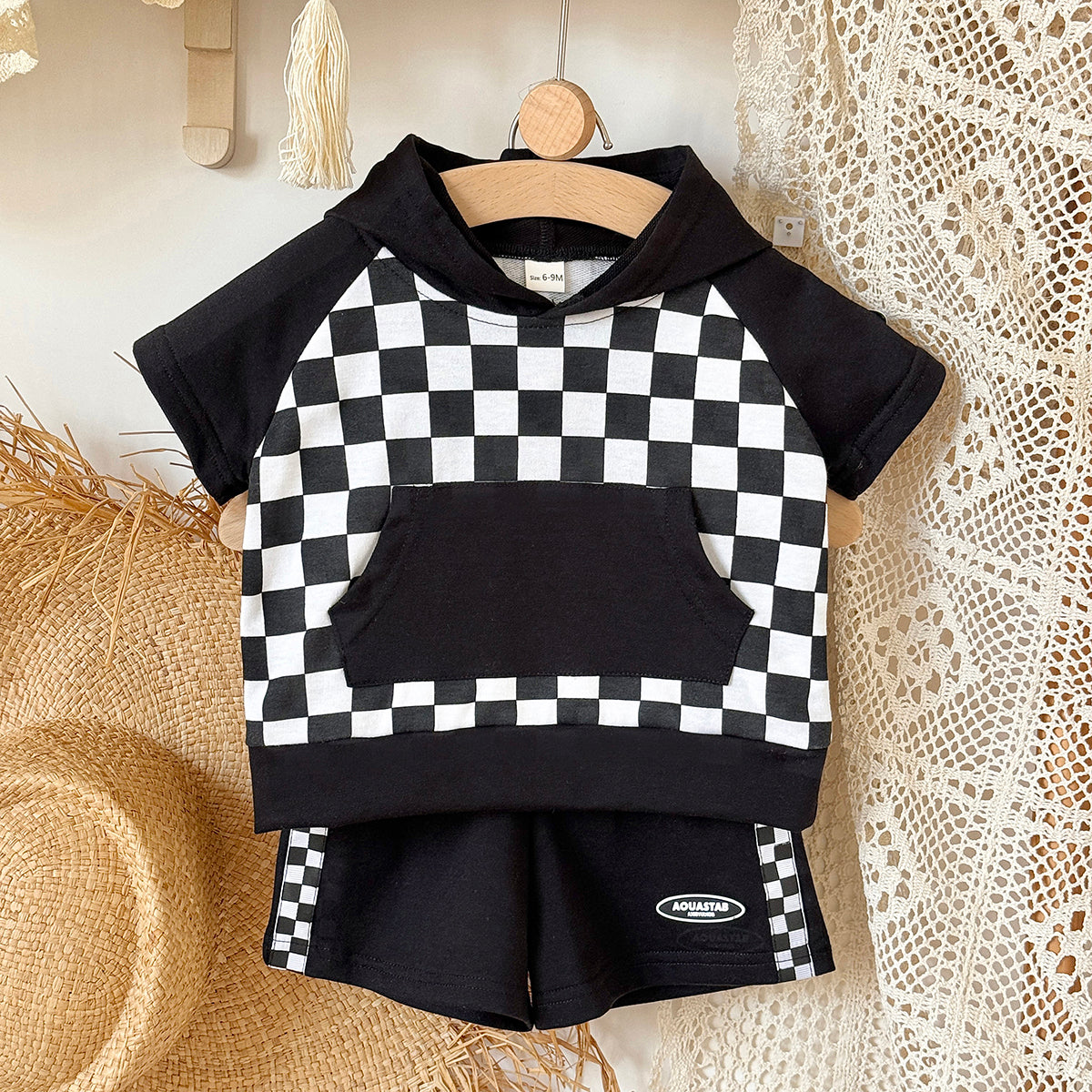 Baby Checkerboard Short Sleeve Hoodie & Shorts 2 Piece Outfit