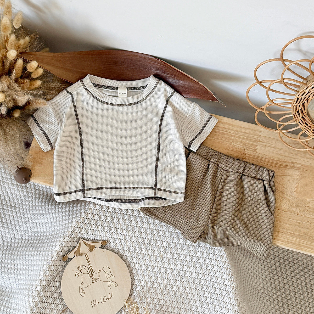 Baby Waffle Knit Contrast Stitch Short Sleeve Tee & Shorts Set