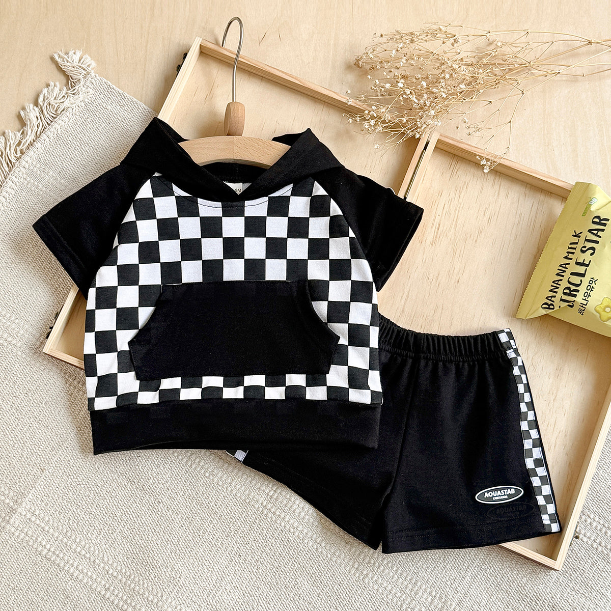 Baby Checkerboard Short Sleeve Hoodie & Shorts 2 Piece Outfit