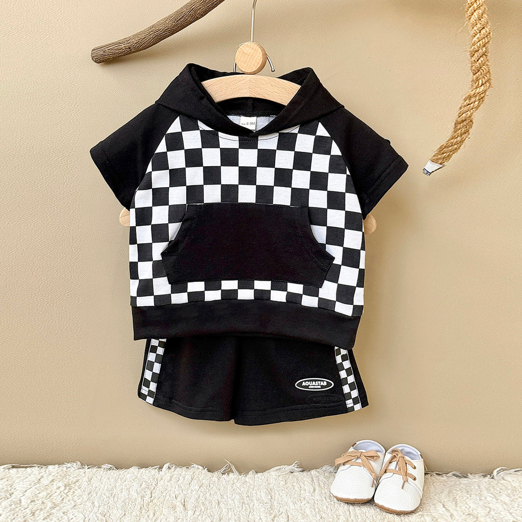 Baby Checkerboard Short Sleeve Hoodie & Shorts 2 Piece Outfit