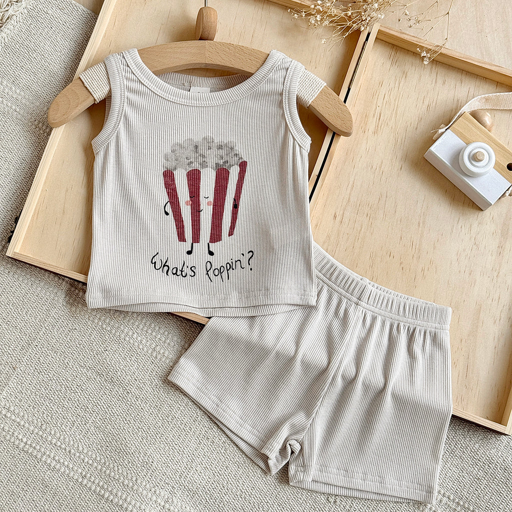 Baby Ribbed Tank Top & Shorts Set, Popcorn Print Outfit