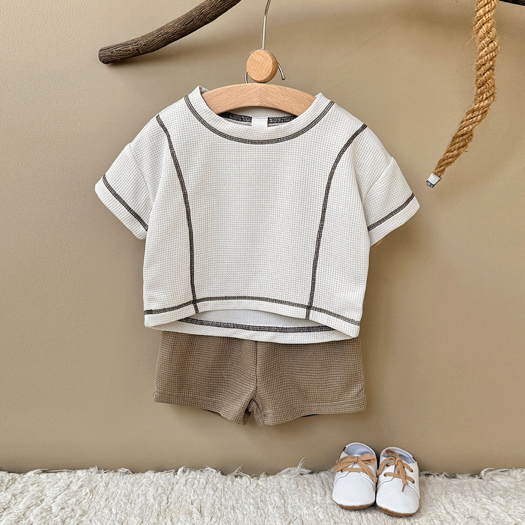 Baby Waffle Knit Contrast Stitch Short Sleeve Tee & Shorts Set