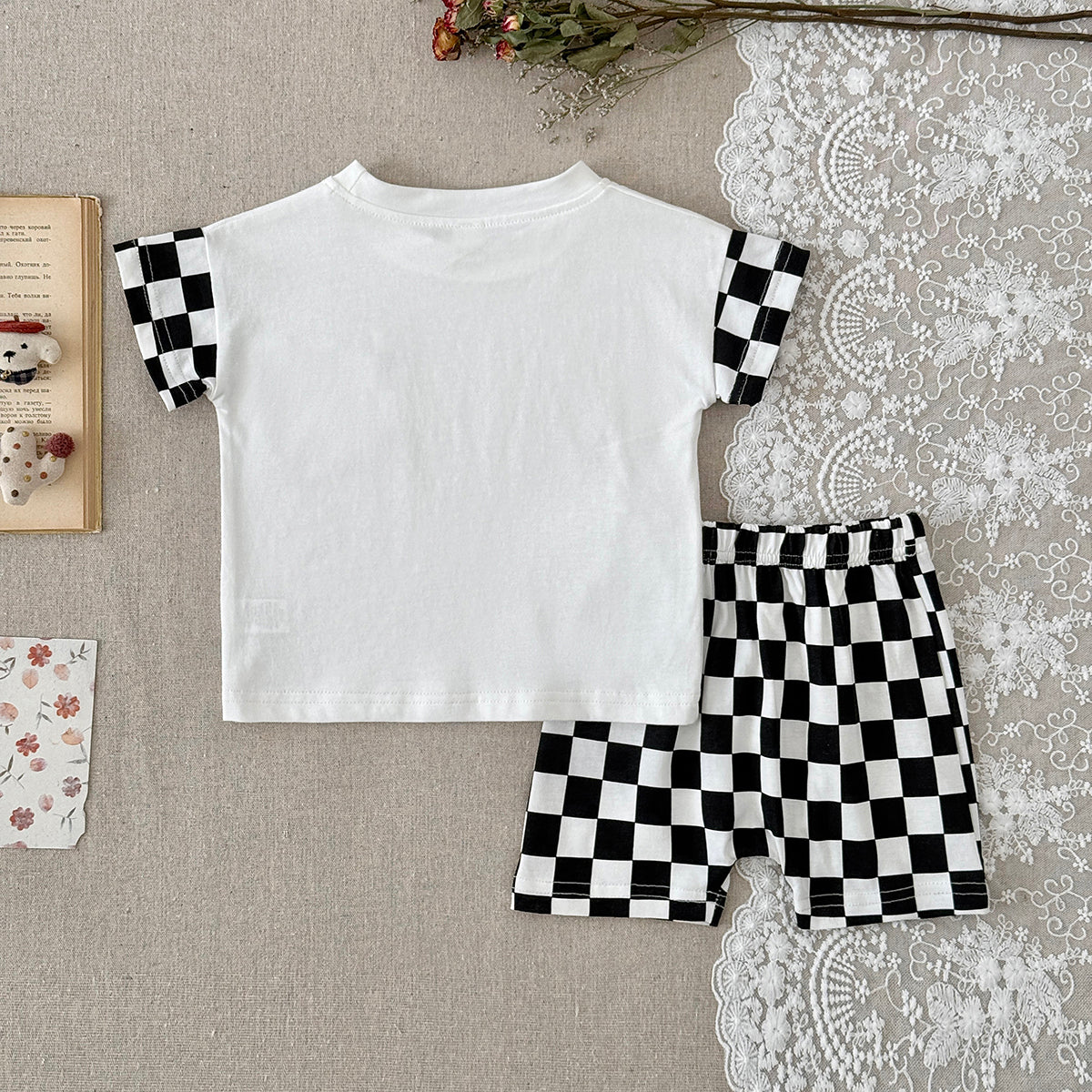 Baby Pocket Short Sleeve T-shirt & Checkerboard Shorts 2 Piece Outfit