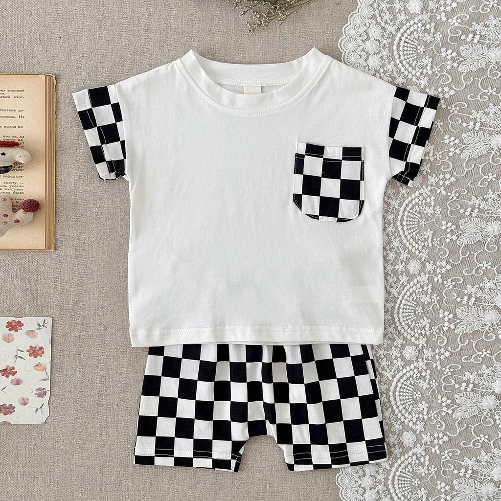 Baby Pocket Short Sleeve T-shirt & Checkerboard Shorts 2 Piece Outfit