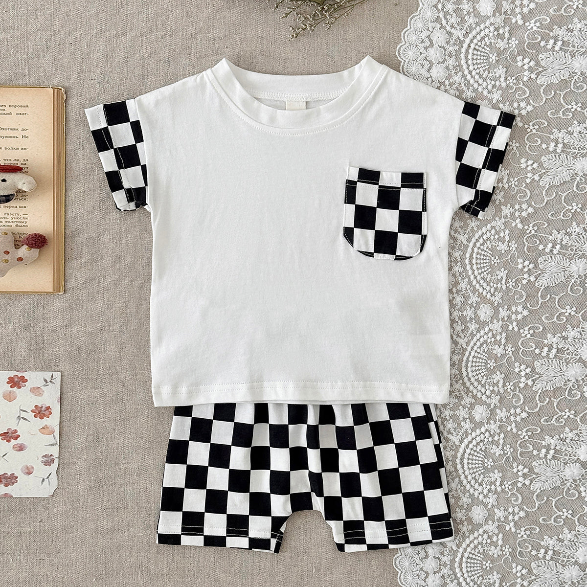 Baby Pocket Short Sleeve T-shirt & Checkerboard Shorts 2 Piece Outfit