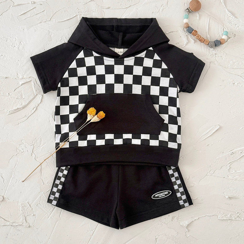 Baby Checkerboard Short Sleeve Hoodie & Shorts 2 Piece Outfit