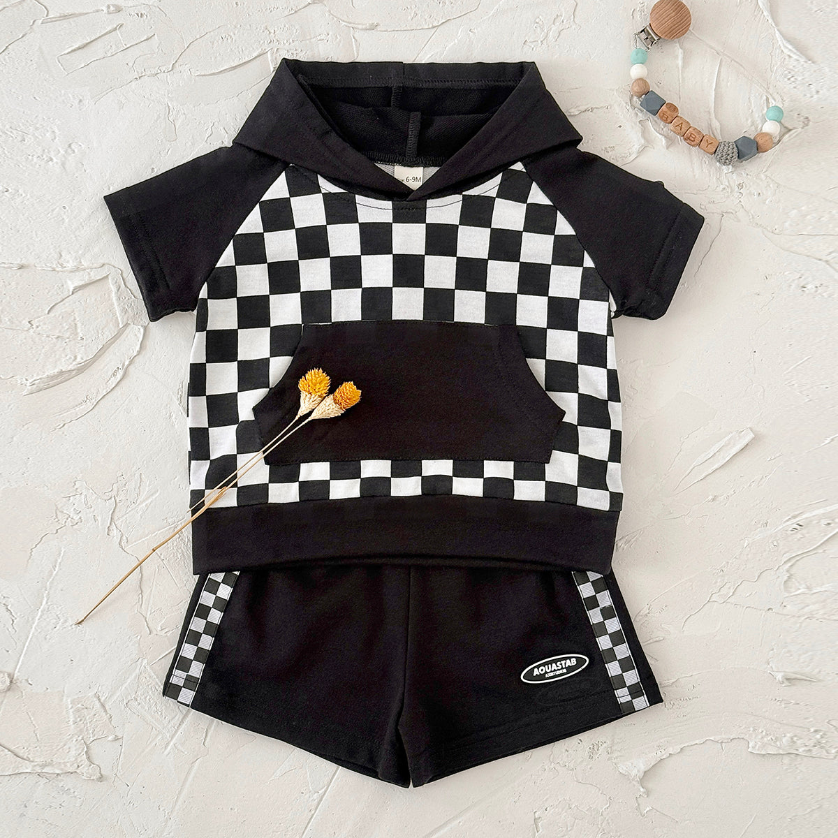 Baby Checkerboard Short Sleeve Hoodie & Shorts 2 Piece Outfit