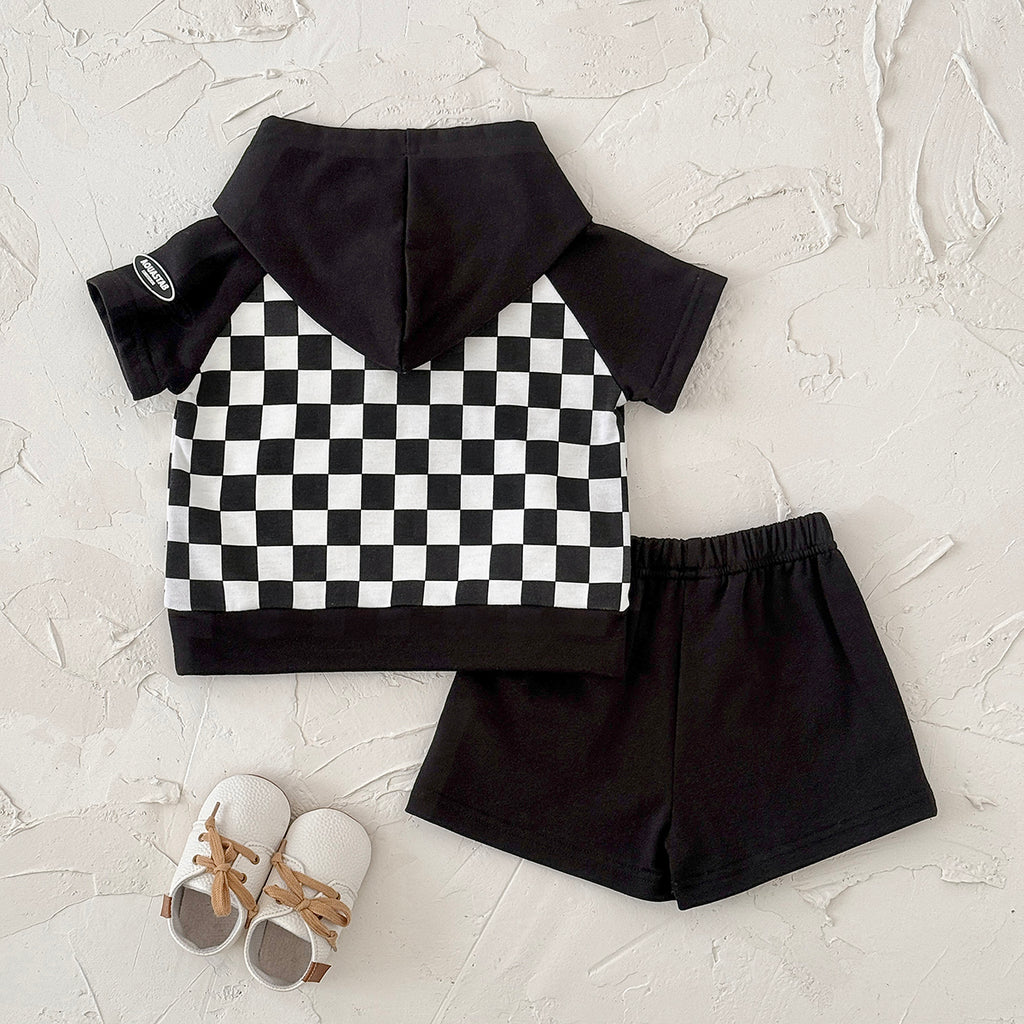 Baby Checkerboard Short Sleeve Hoodie & Shorts 2 Piece Outfit