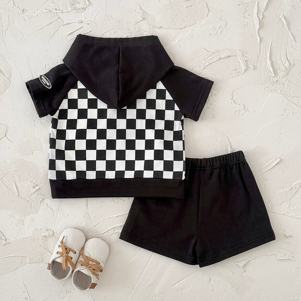 Baby Checkerboard Short Sleeve Hoodie & Shorts 2 Piece Outfit