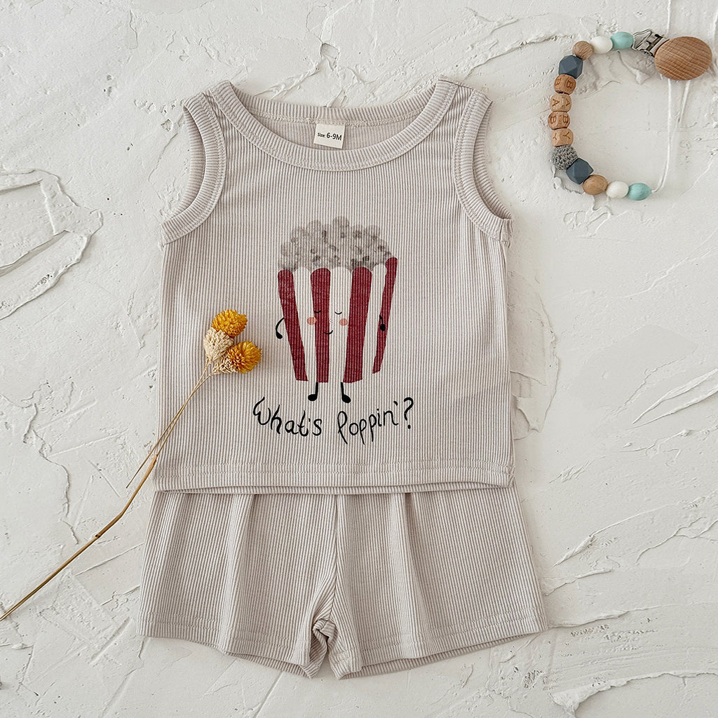 Baby Ribbed Tank Top & Shorts Set, Popcorn Print Outfit
