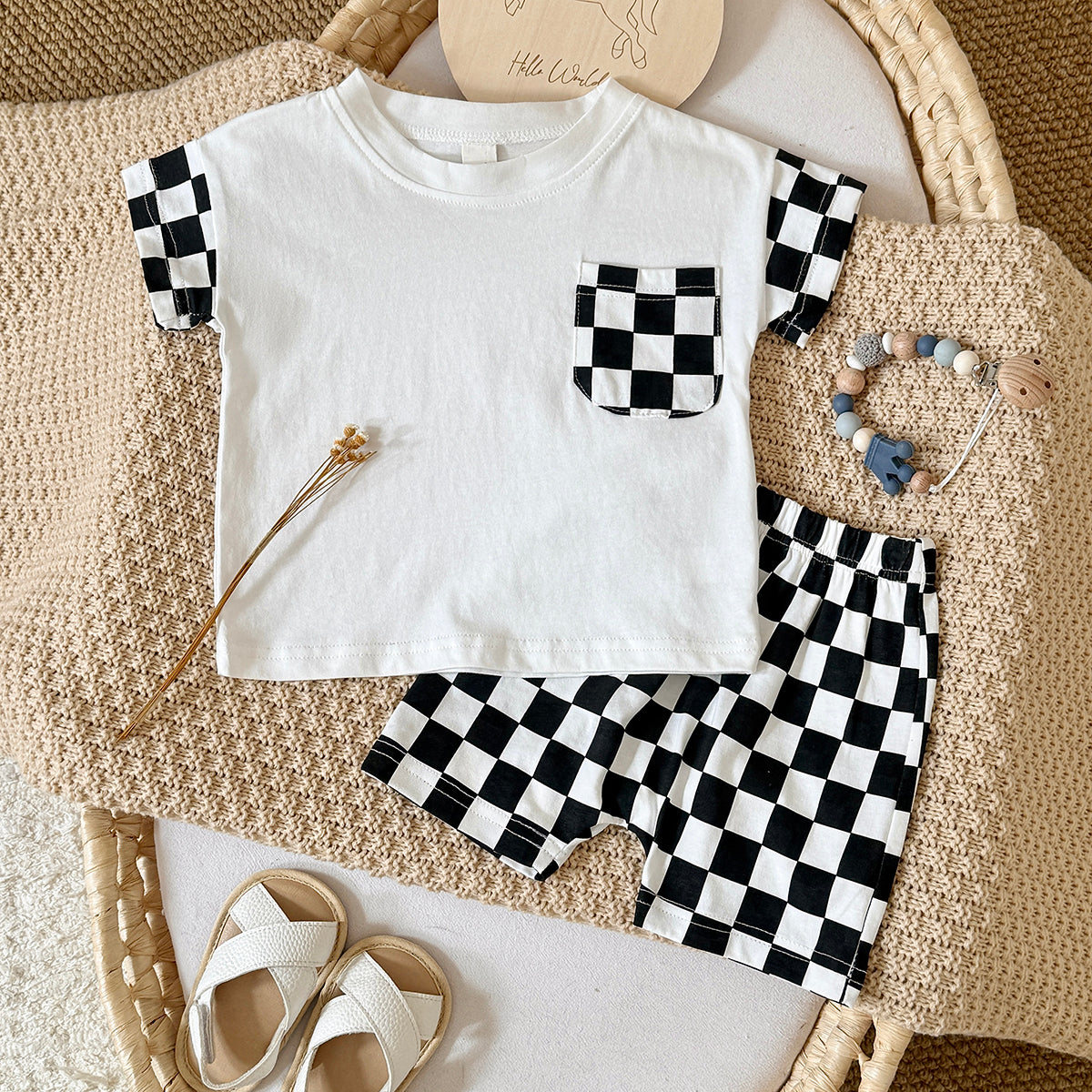Baby Pocket Short Sleeve T-shirt & Checkerboard Shorts 2 Piece Outfit