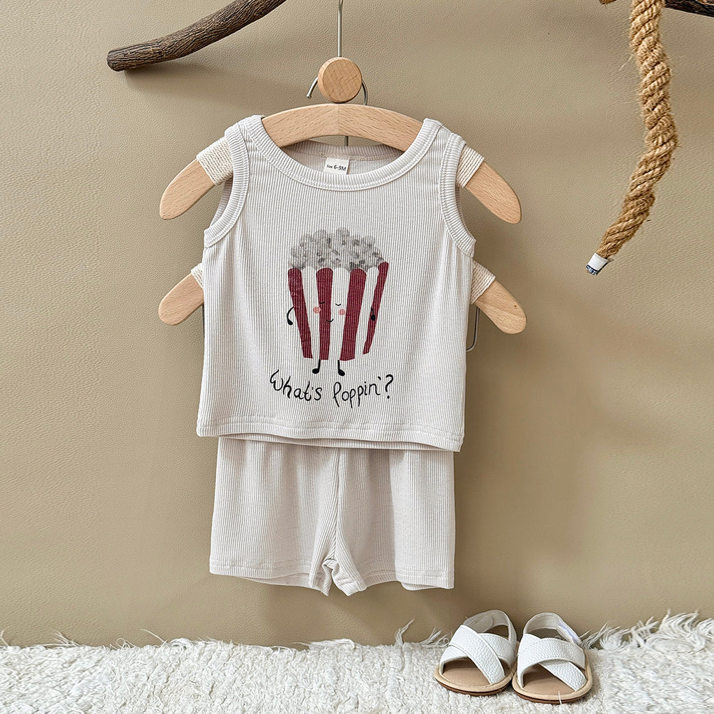 Baby Ribbed Tank Top & Shorts Set, Popcorn Print Outfit