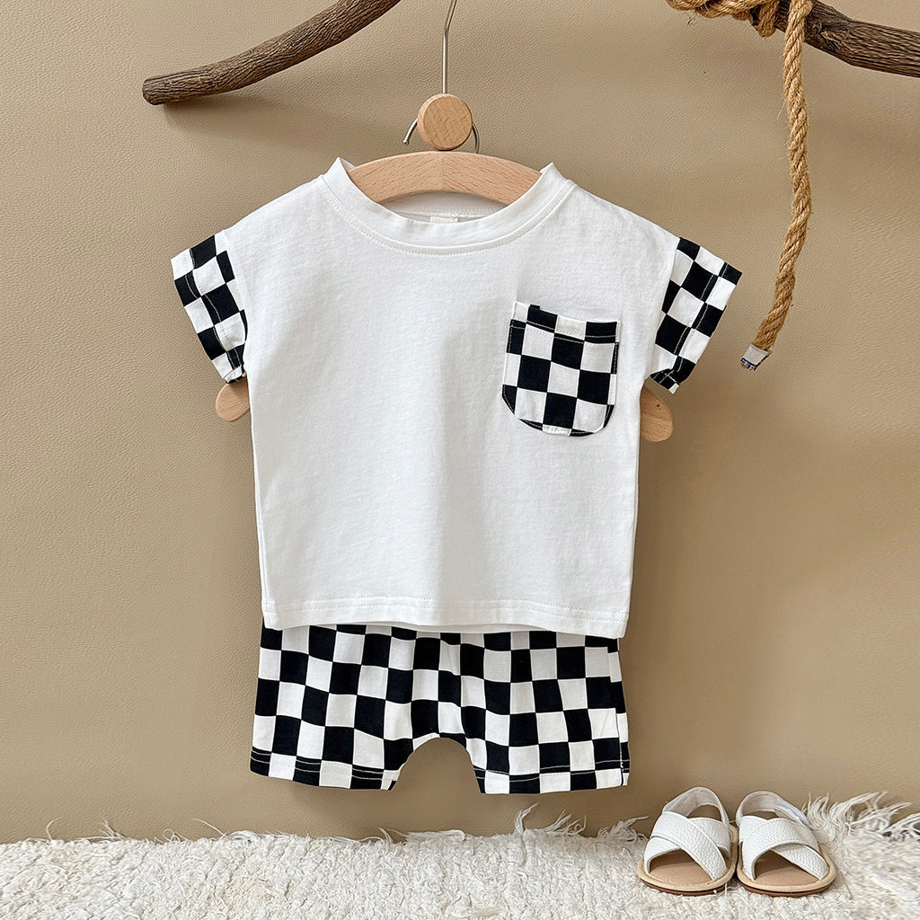 Baby Pocket Short Sleeve T-shirt & Checkerboard Shorts 2 Piece Outfit
