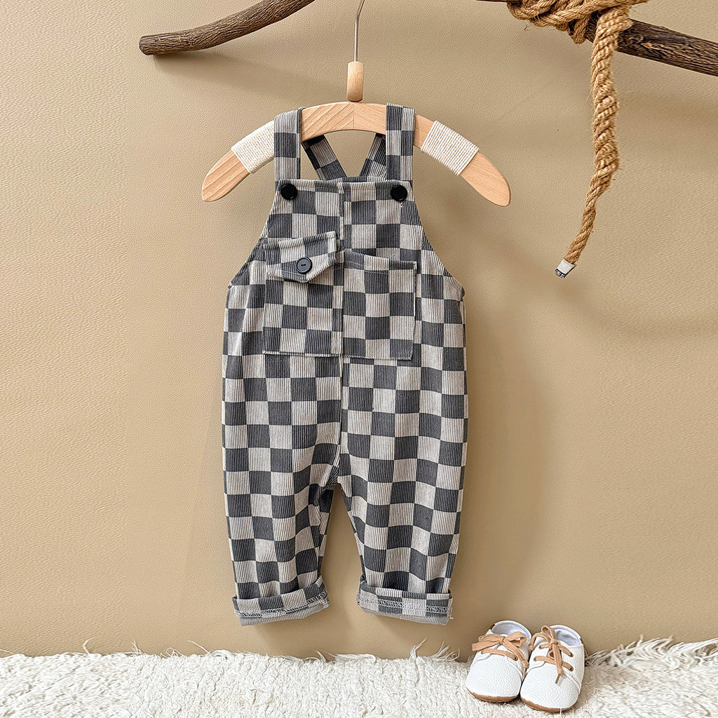 Baby Checkerboard Corduroy Overalls With Front Pocket