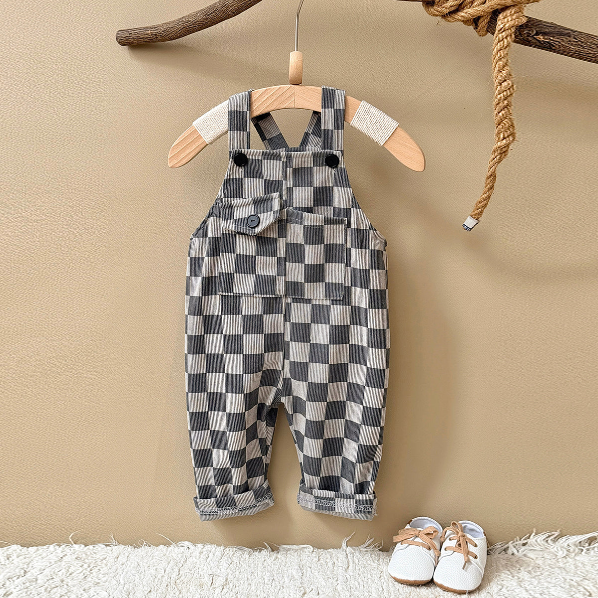 Baby Checkerboard Corduroy Overalls With Front Pocket