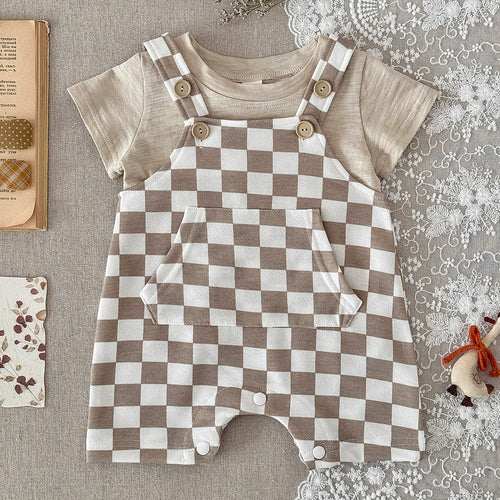 Baby Checkerboard Short Overalls & Tee 2Pcs Summer Set